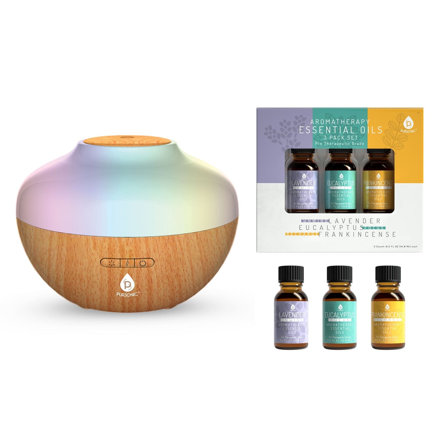 Pursonic Aromatherapy Diffuser & Essential Oil Set-Ultrasonic Top 3 Oils